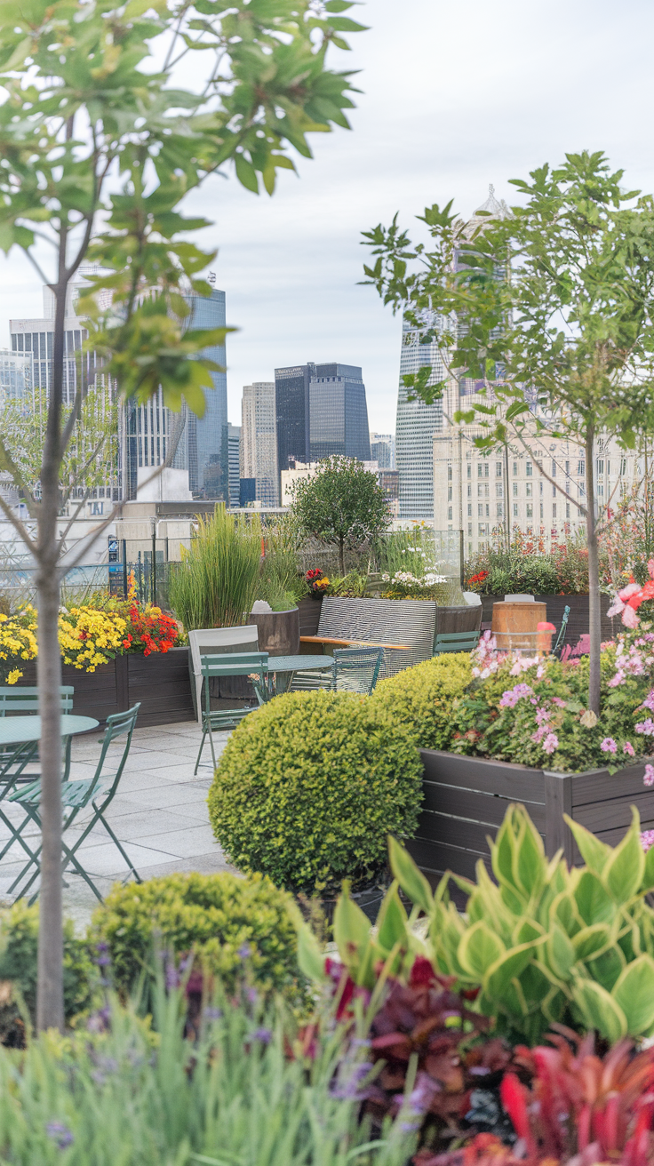 Lush rooftop garden with city skyline in the background