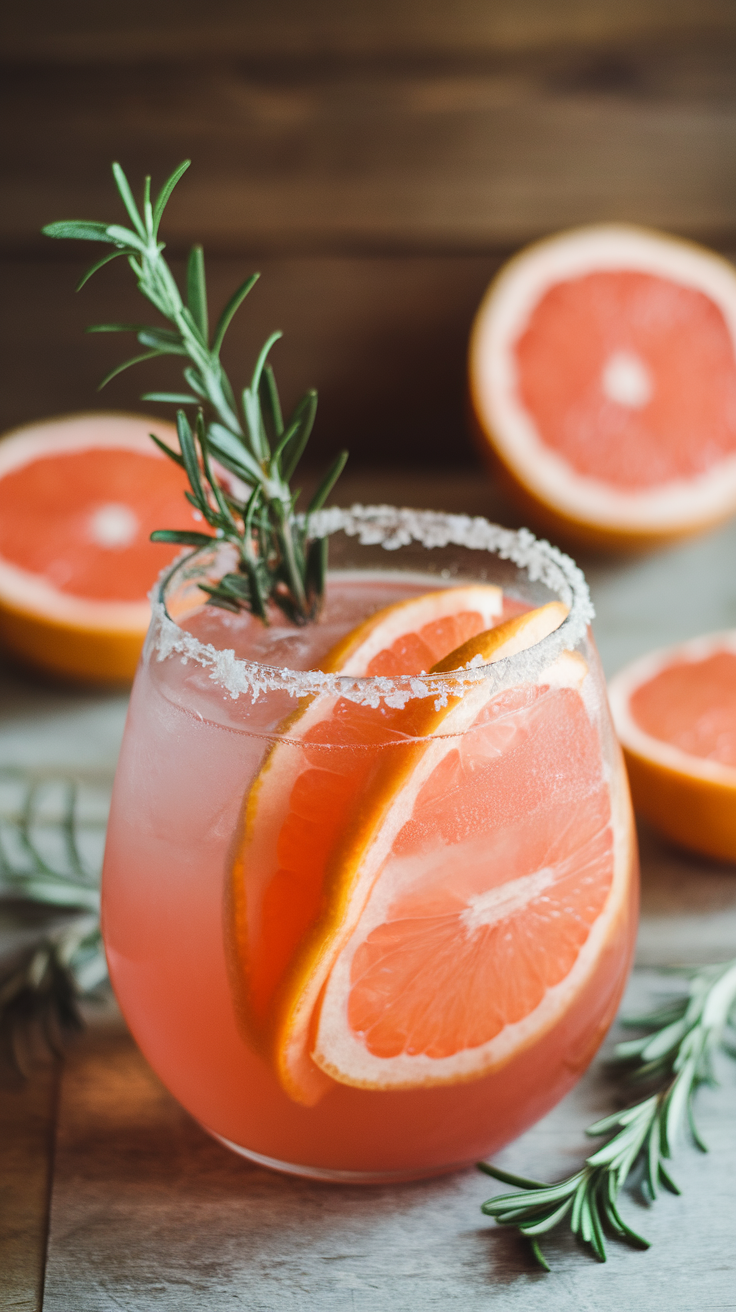 A glass of Rosemary Grapefruit Paloma with grapefruit slices and a sprig of rosemary.