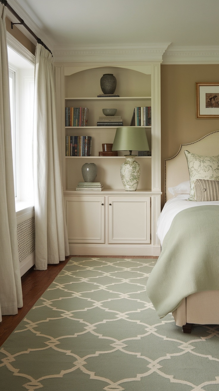 A cozy bedroom featuring a sage green and cream color scheme, with a patterned rug that complements the decor.