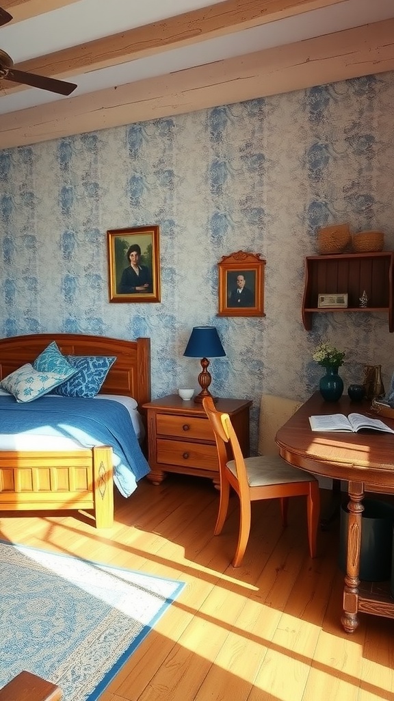 Cozy blue bedroom with rustic wood accents, vintage portraits on the walls, and natural lighting.