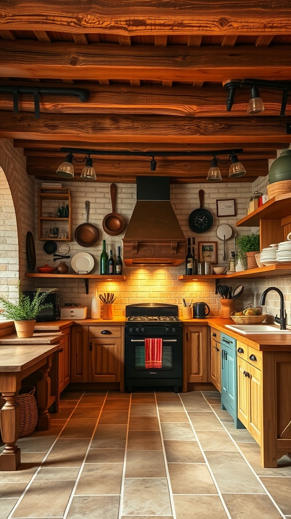 A rustic kitchen with wooden cabinetry, modern appliances, and a cozy layout.