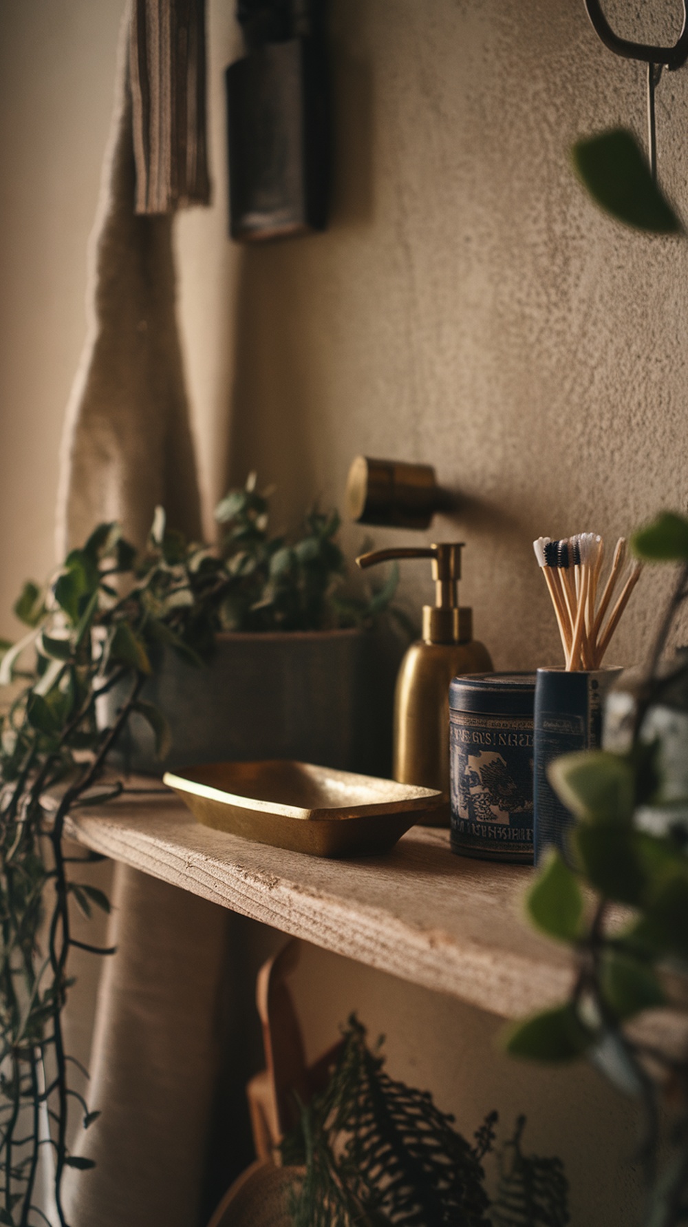 Rustic wooden shelves in a vintage bathroom with plants and toiletries