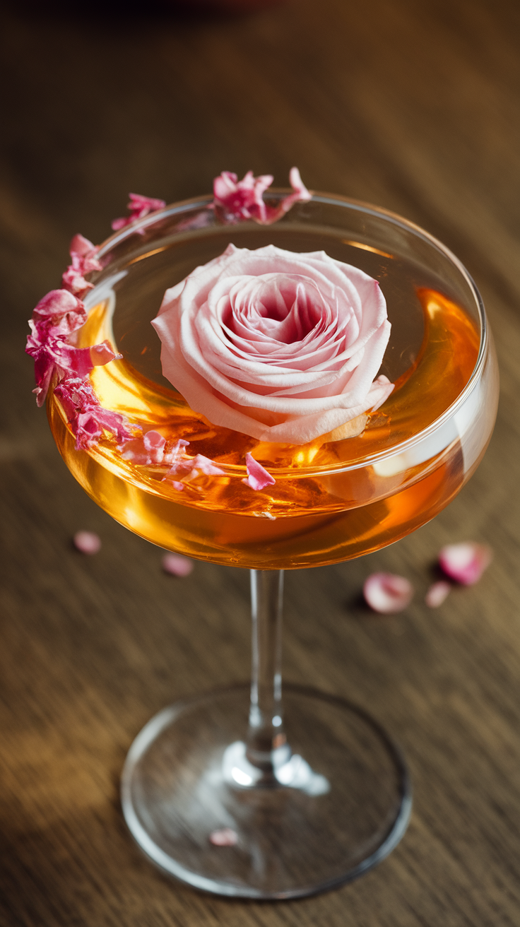 A Saffron Rose Martini garnished with a pink rose in a elegant glass.