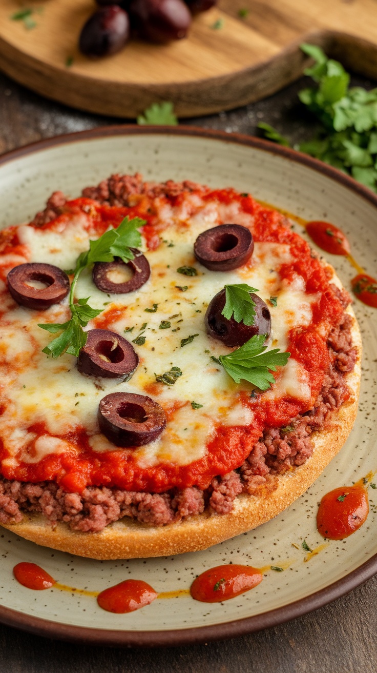 A savory meatza pizza topped with cheese and olives on a plate.