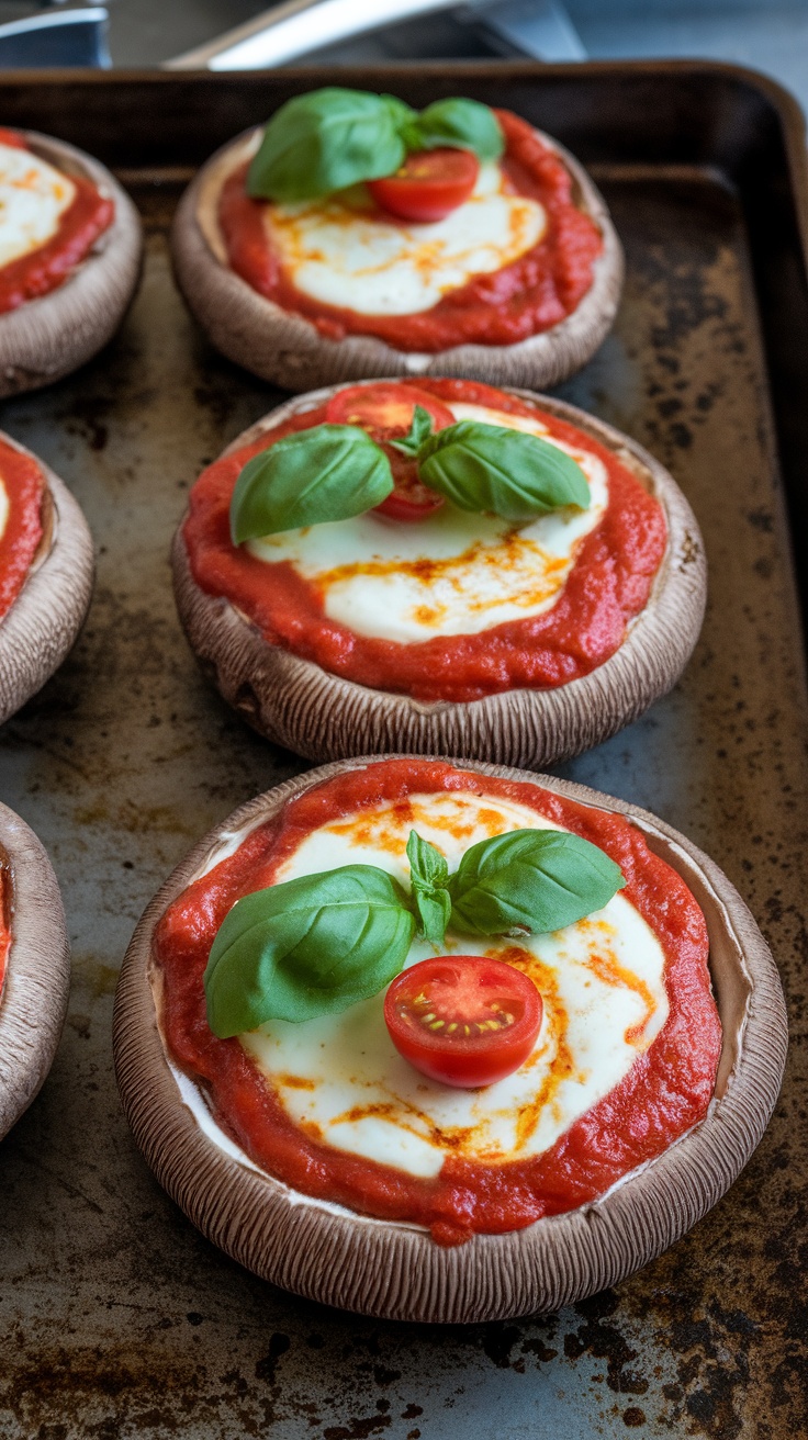 Three Portobello mushroom pizzas topped with sauce, cheese, tomatoes, and basil.