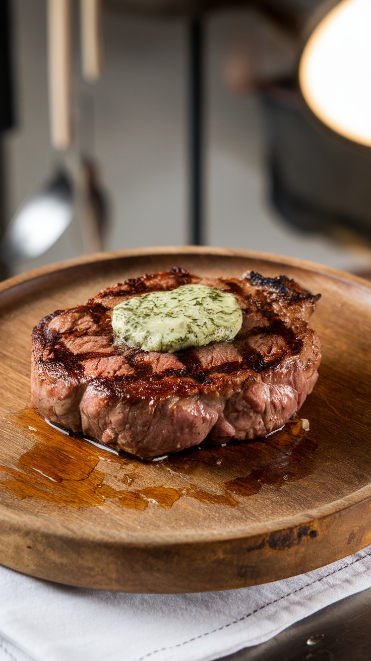 A perfectly cooked steak topped with herb butter on a wooden plate.