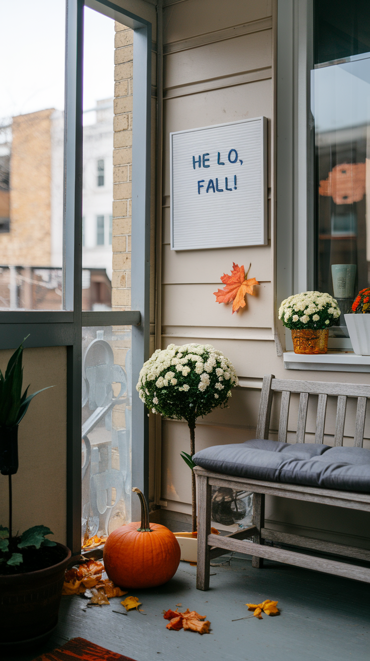 A cozy small exterior decorated for fall with a pumpkin, flowers, and colorful leaves.