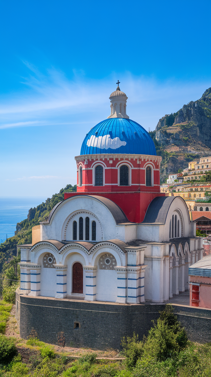 The Church of Santa Maria Assunta in Positano with its blue dome and colorful exterior.