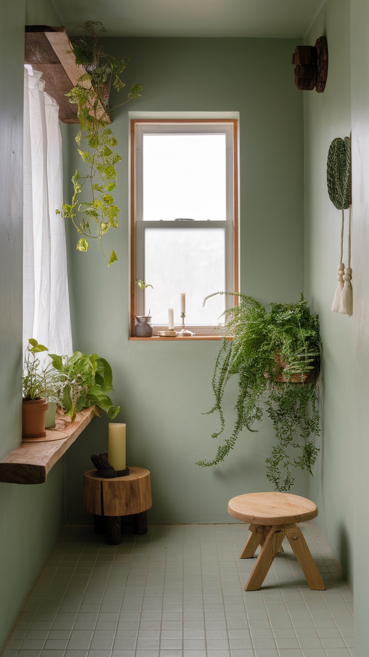 A serene sage green bathroom with plants and natural decor.