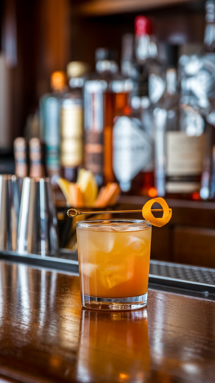 A refreshing Sidecar cocktail garnished with a twist of orange, set against a backdrop of various spirits.