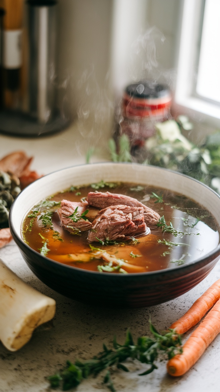 A bowl of beef bone broth with chunks of meat, herbs, and vegetables in it.