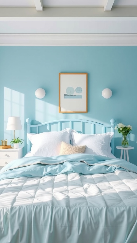 A cozy bedroom with sky blue walls, light blue bedding, and pastel decor elements.