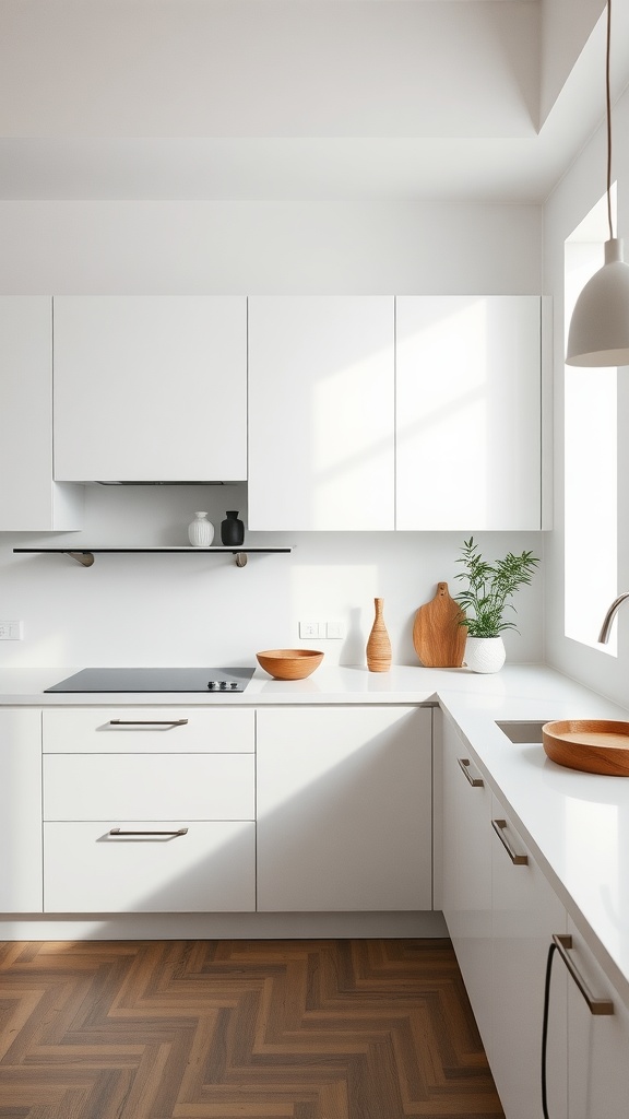 A sleek minimalist kitchen featuring white cabinets, a modern stovetop, and natural wood accents.