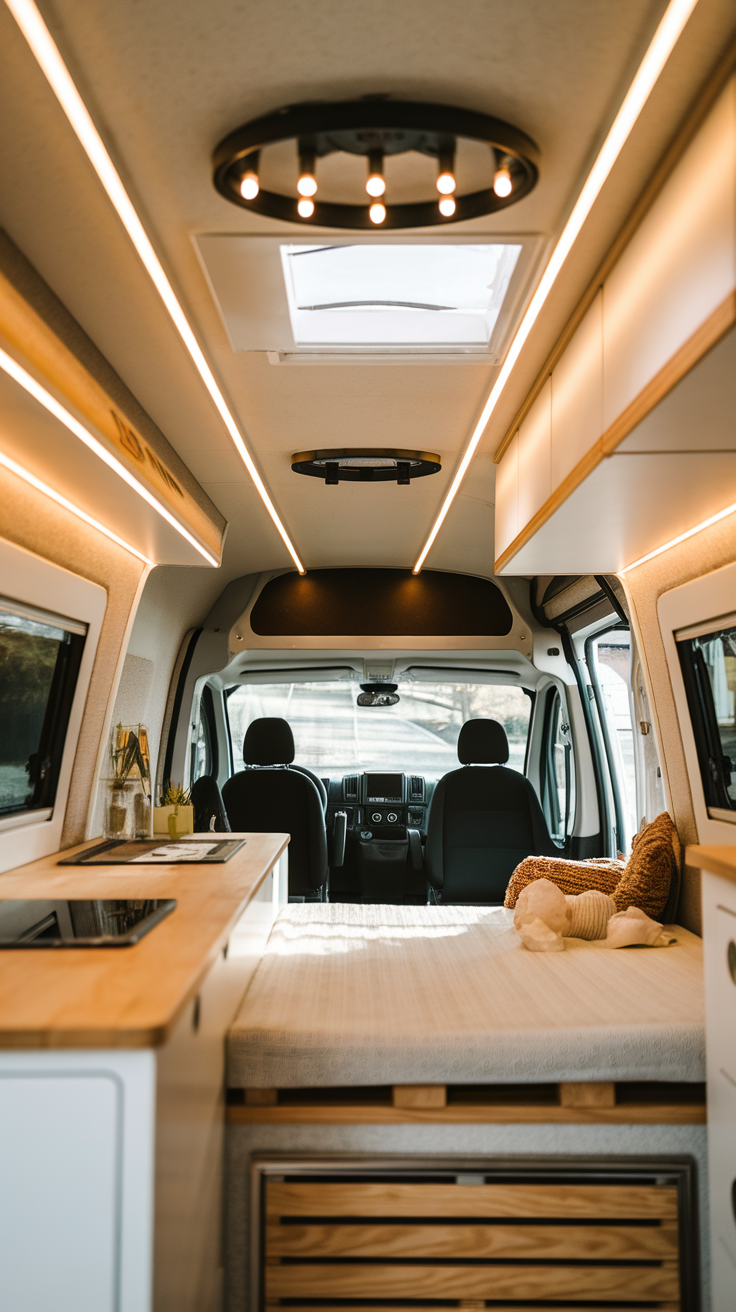 Interior of a van with modern lighting and a cozy layout.