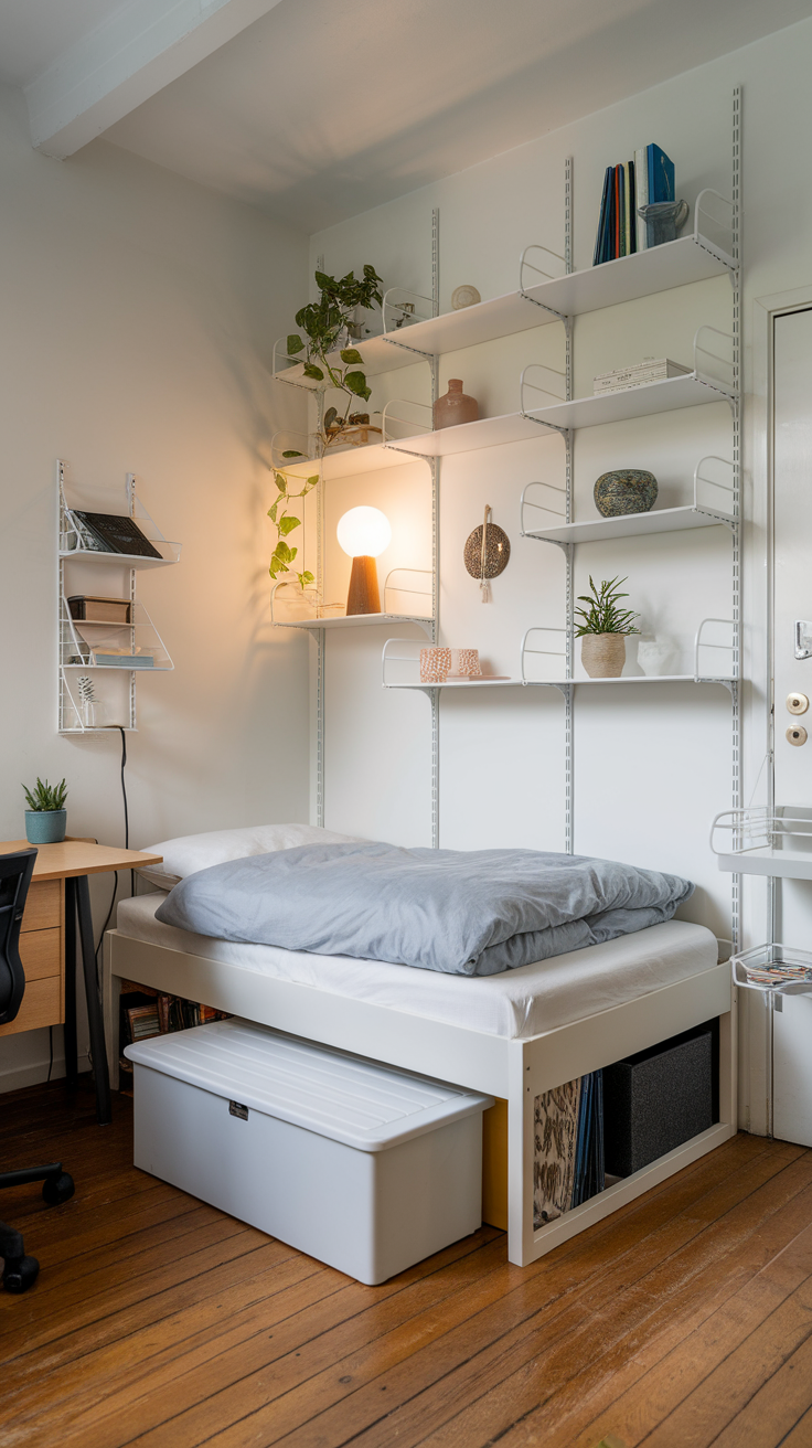 A well-organized room featuring a bed with under-bed storage, open shelves with decorative items, and a workspace.