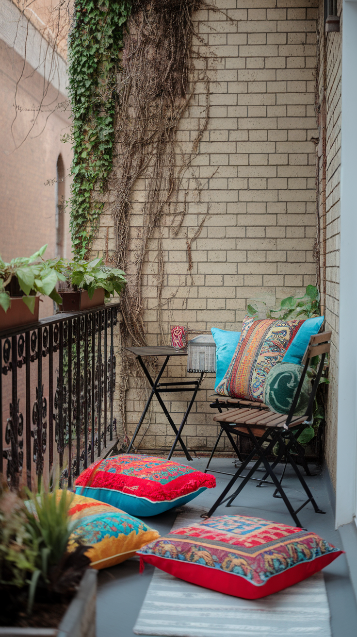 Colorful outdoor cushions and a small table on a balcony with greenery.