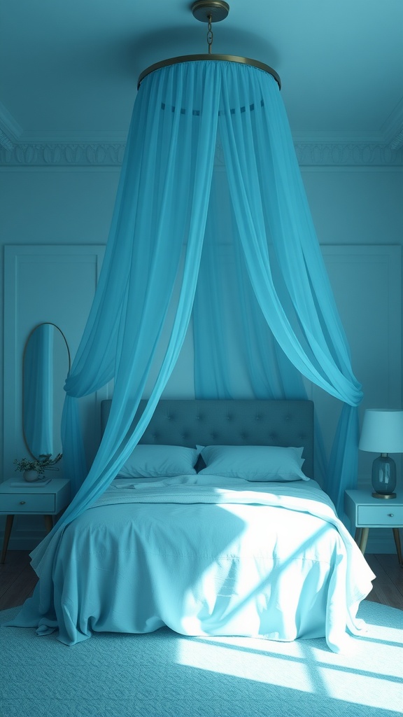 A serene bedroom with a soft blue canopy above a neatly made bed, featuring light blue linens and a cozy atmosphere.