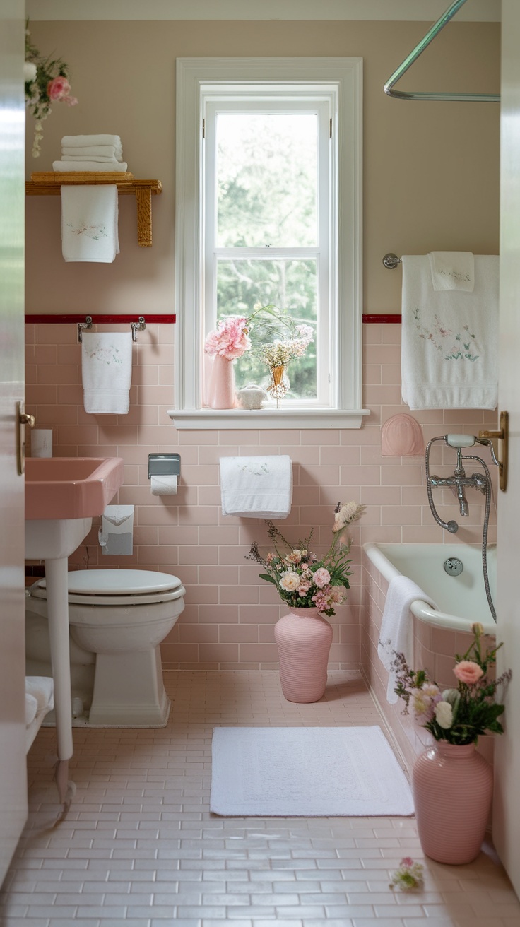 A cozy bathroom with soft blush pink accents, featuring pink tiles, flowers, and white towels.