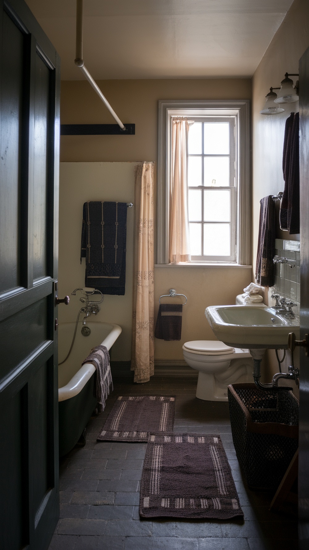A vintage bathroom featuring dark-hued textiles, including towels and rugs, against a light-colored backdrop.