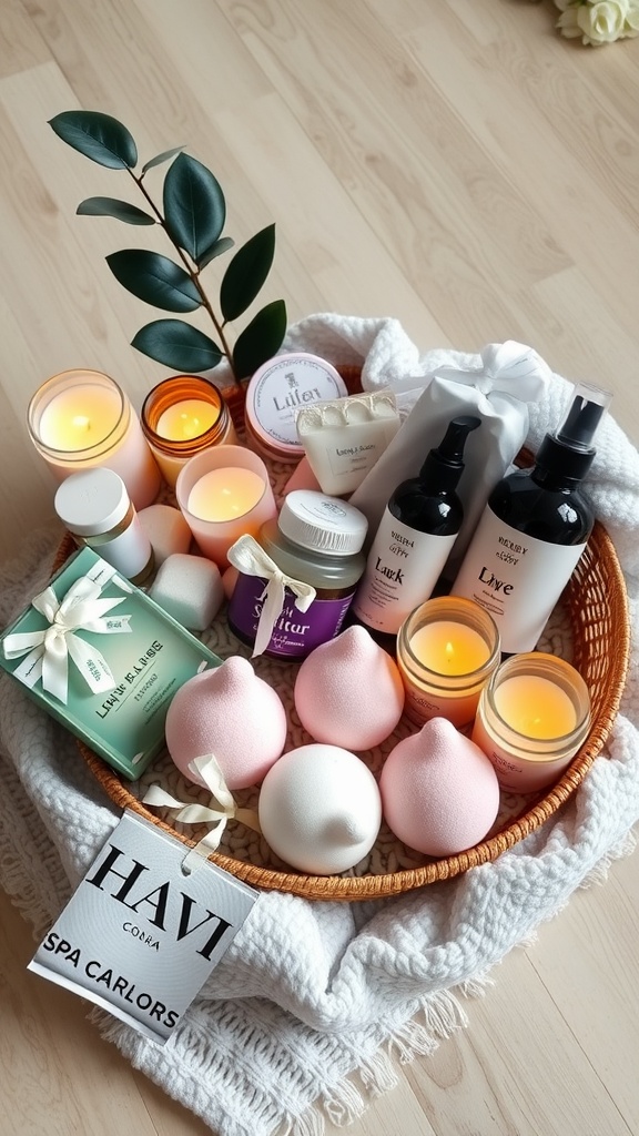 A beautifully arranged spa day gift basket featuring candles, bath bombs, and skincare products.