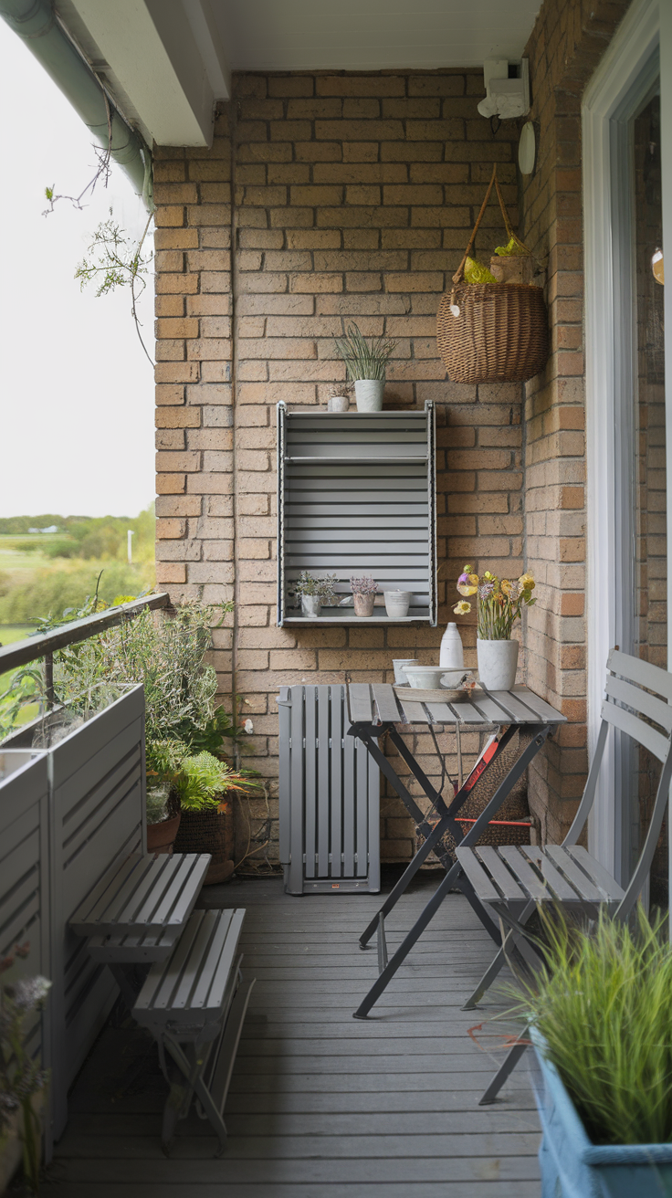 A cozy balcony with space-saving furniture including a small table and foldable chairs, surrounded by plants.