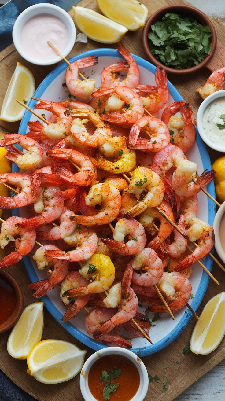 A vibrant platter of spicy grilled shrimp skewers garnished with lemon wedges and sauces.