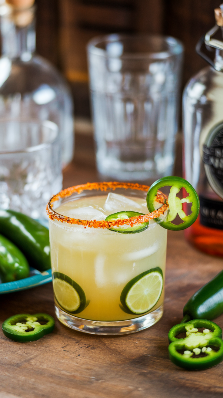 A spicy jalapeño margarita garnished with lime and jalapeño slices, surrounded by fresh jalapeños.