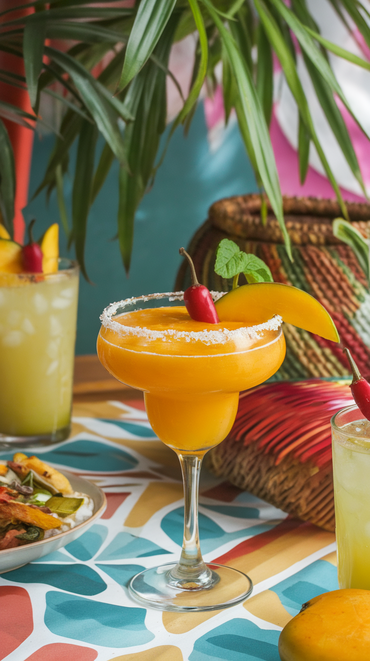 A vibrant Spicy Mango Margarita garnished with a cherry and mango slice, surrounded by tropical decor.