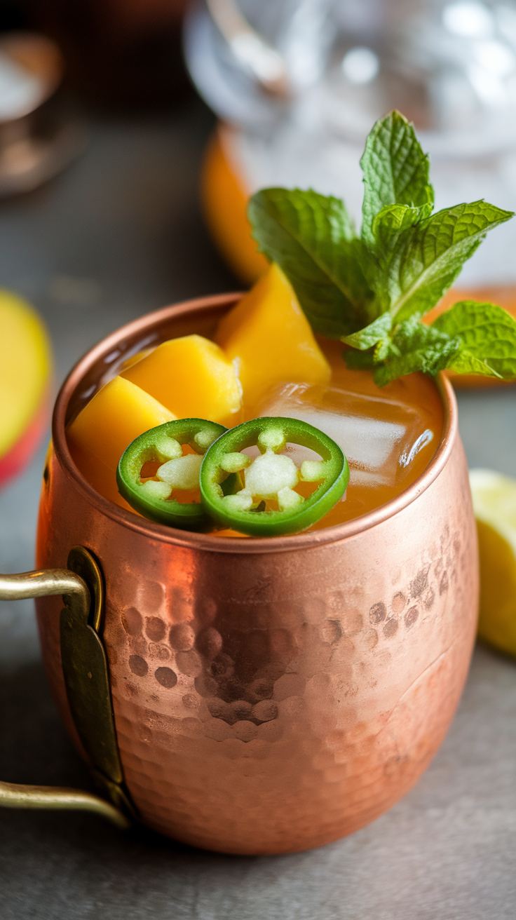 A close-up of a Spicy Mango Mule cocktail with mango chunks, jalapeño slices, and mint leaves in a copper mug.