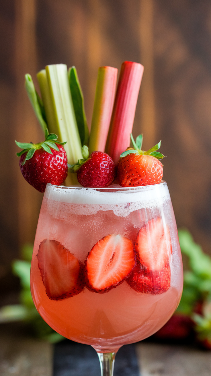 A refreshing Strawberry Rhubarb Fizz cocktail, garnished with fresh strawberries and rhubarb sticks.