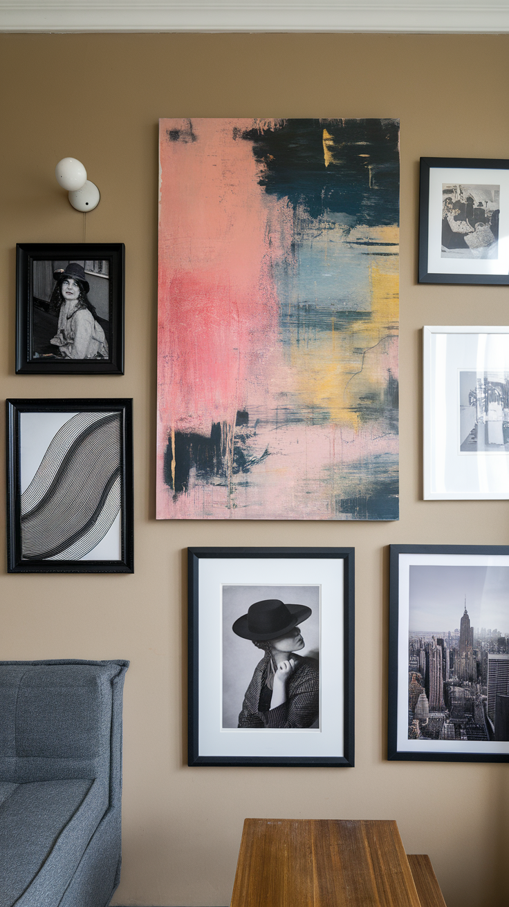 A stylish display of wall art featuring framed black and white photos and an abstract painting.