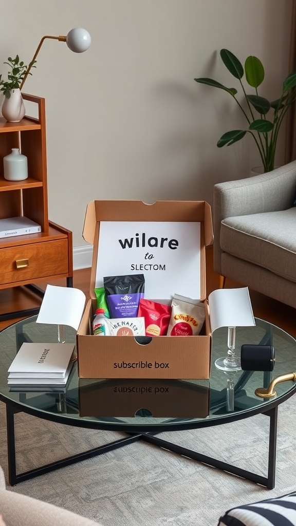 Open subscription box filled with snacks and treats on a coffee table.