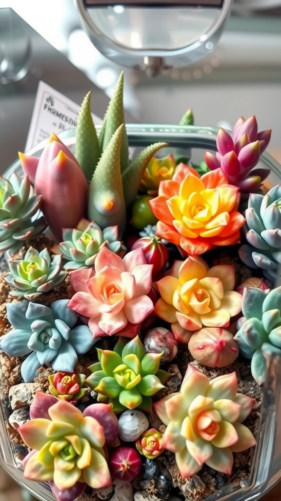 A vibrant assortment of colorful succulents arranged in a terrarium.