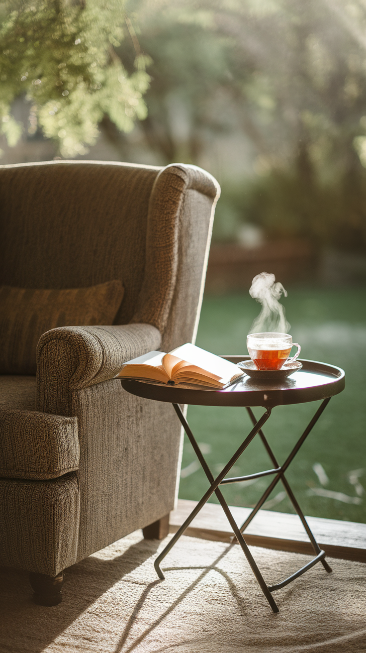 Cozy reading nook with a plush chair, a steaming cup of tea, and an open book on a small table.