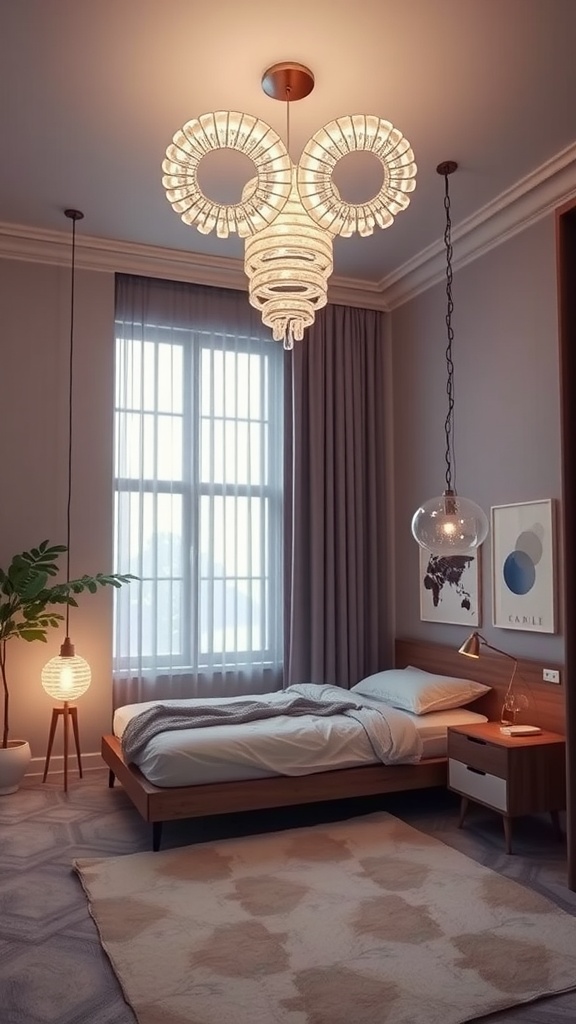 A modern bedroom with unique surrealist lighting fixtures, including a prominent chandelier and an artistic lamp.