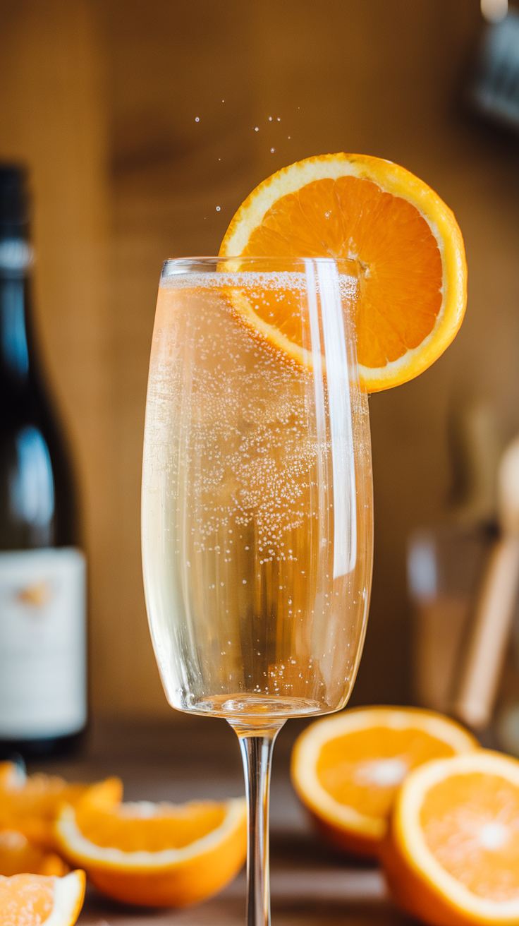 A sparkling Tangerine Bellini cocktail garnished with an orange slice.