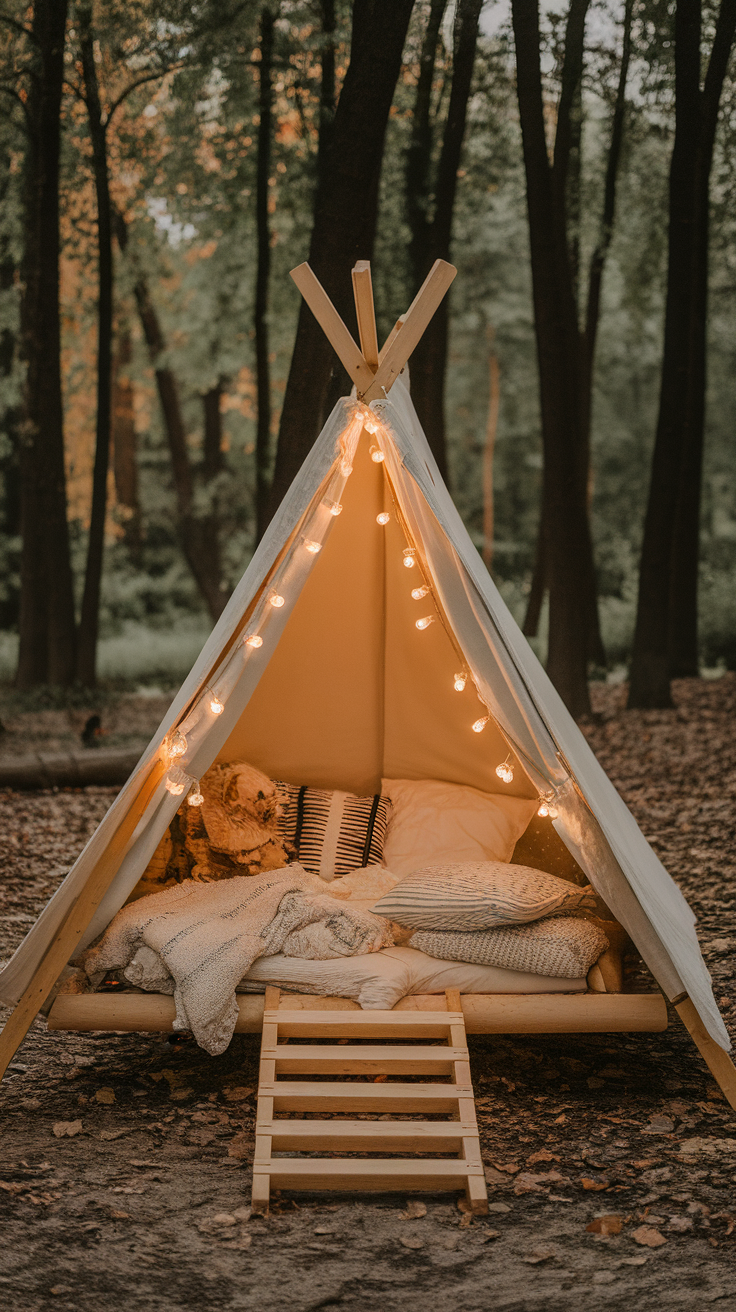 Cozy tent-inspired reading nook with blankets and fairy lights