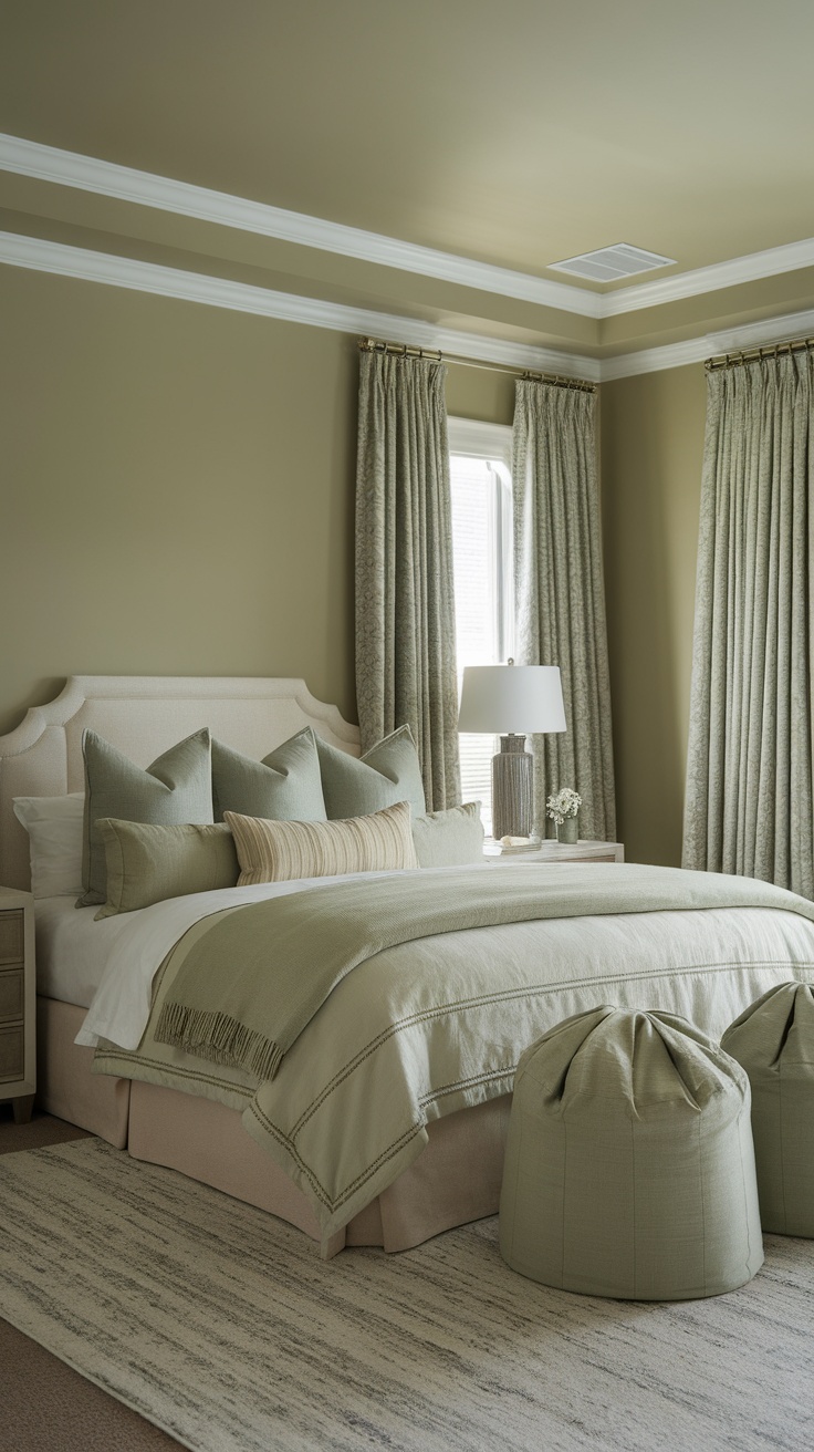A sage green and cream bedroom featuring textured fabrics, layered beddings, and elegant curtains.