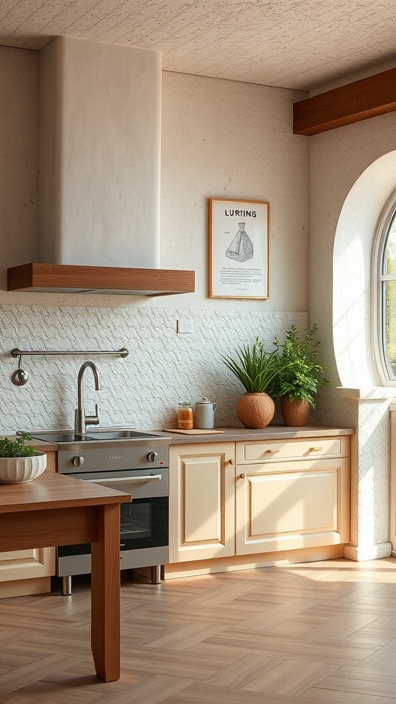 Textured wall features in a cozy Italian kitchen with wooden accents.