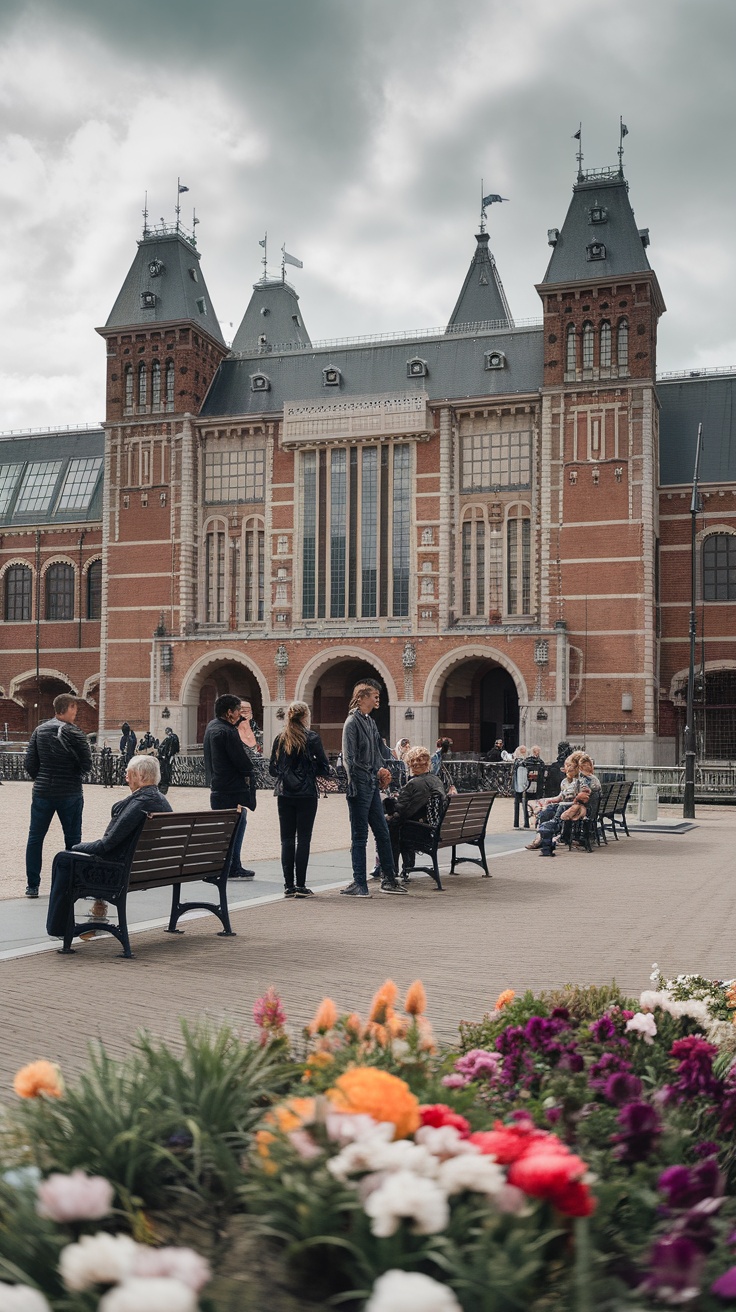 Rijksmuseum with visitors and colorful flowers in the foreground.