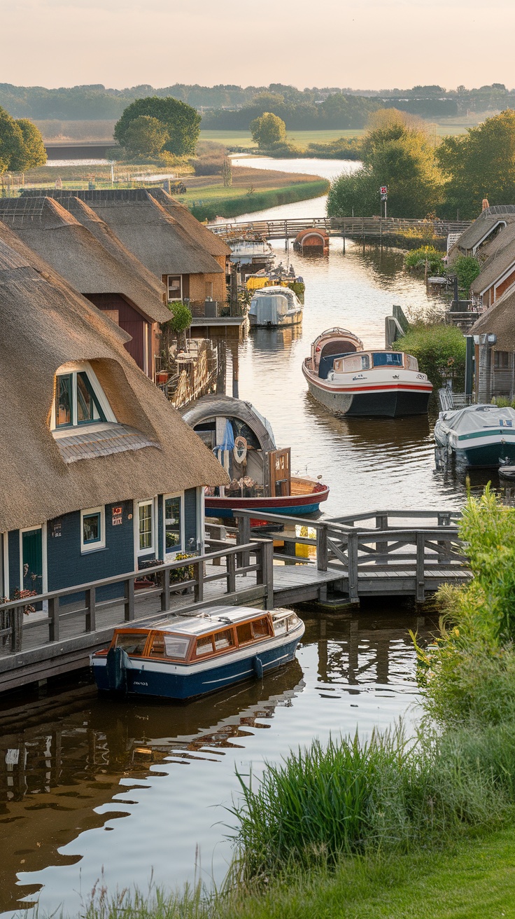 A scenic view of Giethoorn village with canals and boats.