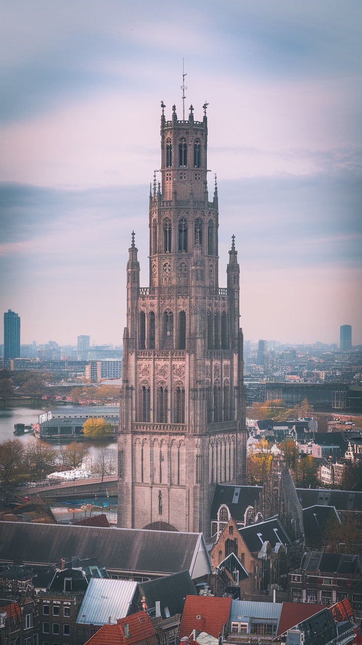 A view of Utrecht's Dom Tower surrounded by cityscape