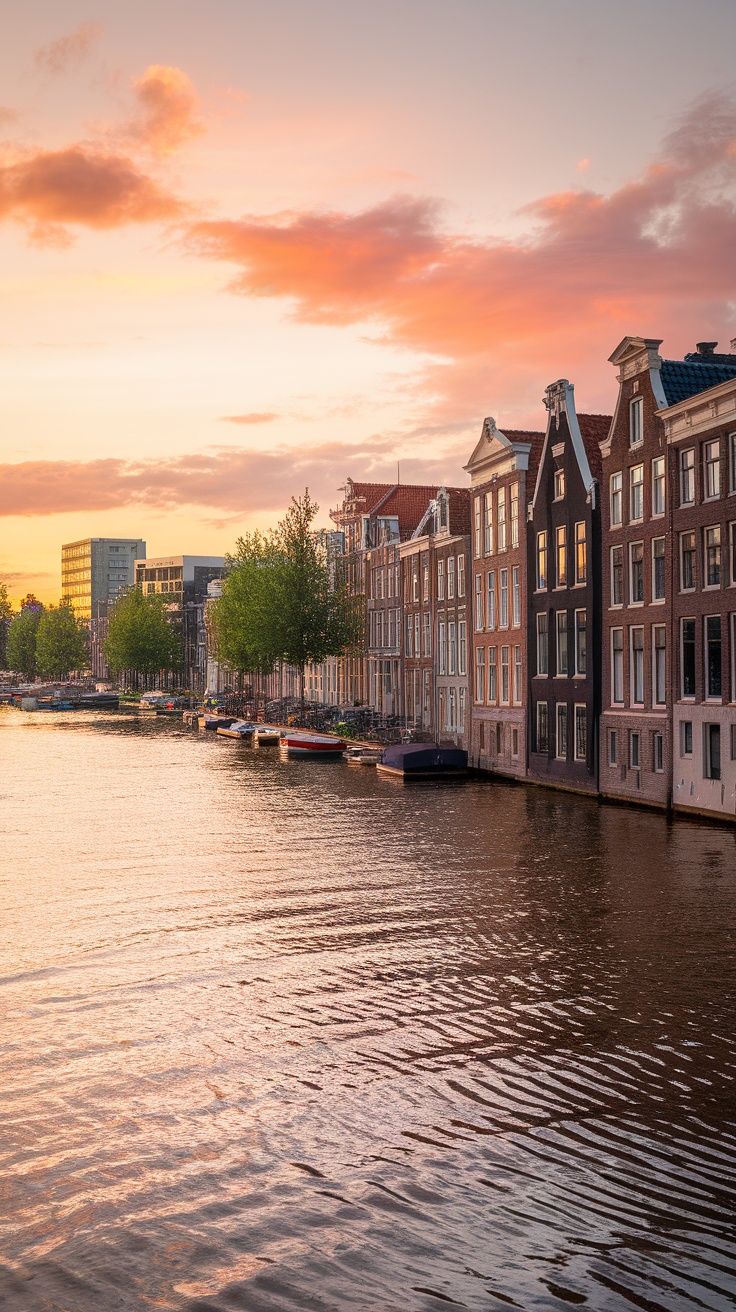 A picturesque view of the canals in Amsterdam during sunset, with historic buildings lining the water.