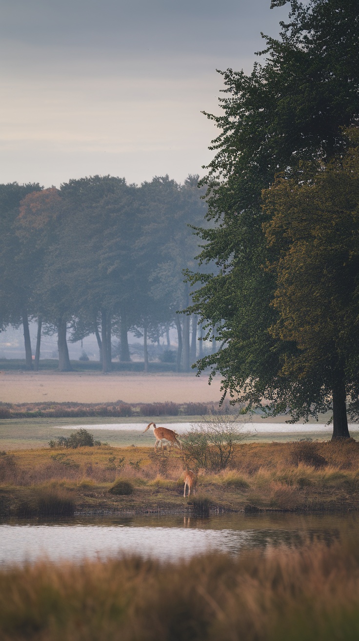 A serene landscape in Hoge Veluwe National Park with deer near a water body surrounded by trees.