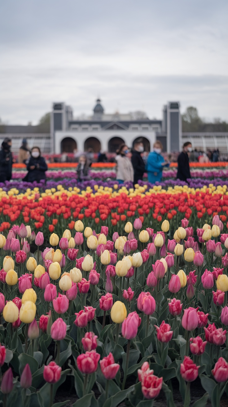 Colorful tulip fields at Keukenhof with visitors enjoying the scenery.