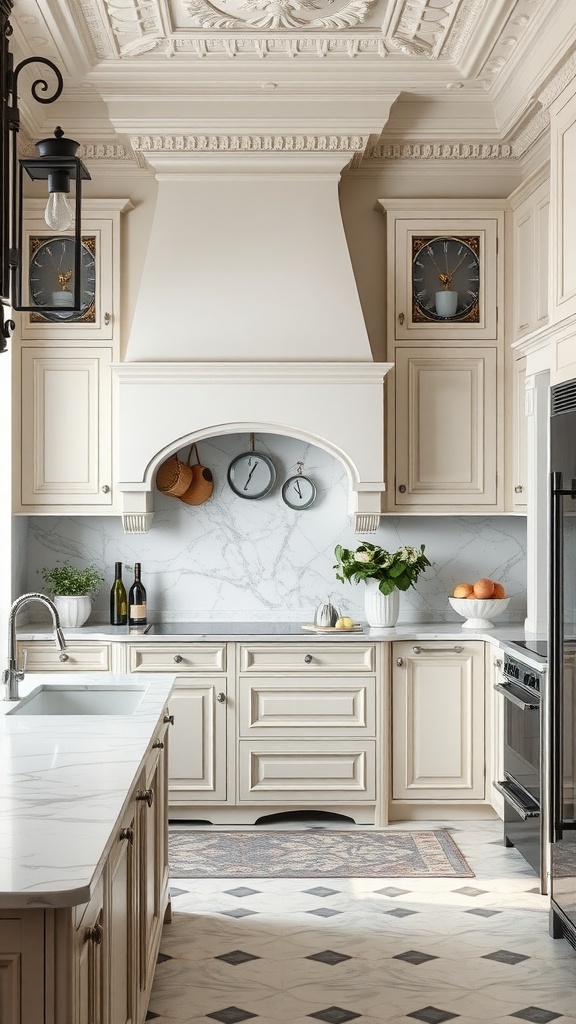 Elegant kitchen featuring marble countertops and classic cabinetry.