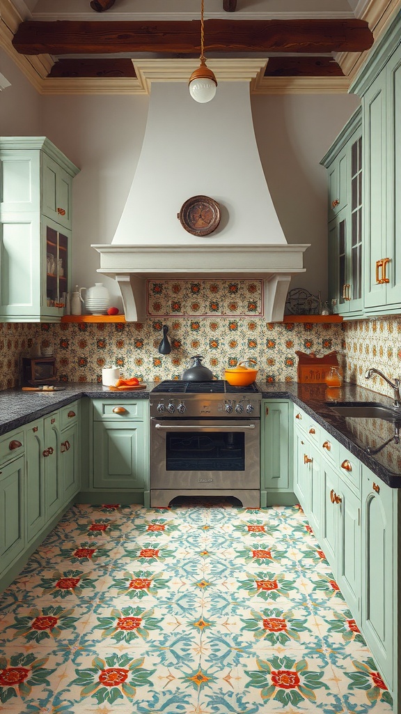 A beautiful kitchen featuring traditional tile patterns with mint green cabinets and a patterned floor.