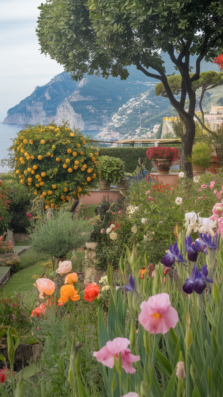 Colorful flowers and trees in the gardens of Villa Rufolo with a view of the coast in the background.