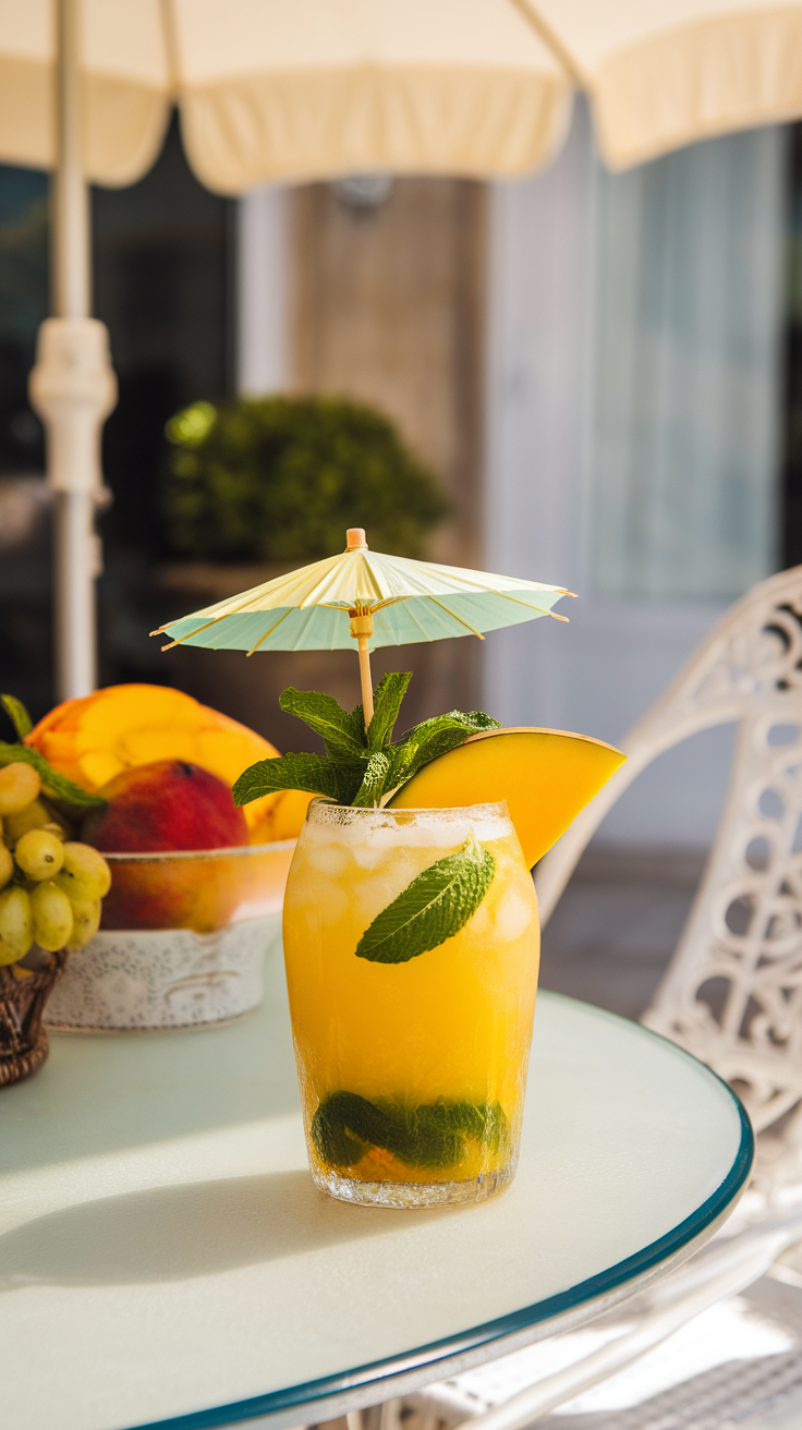 A Tropical Mango Mojito with a small umbrella, mint leaves, and a slice of mango, sitting on a table with fruit in the background.