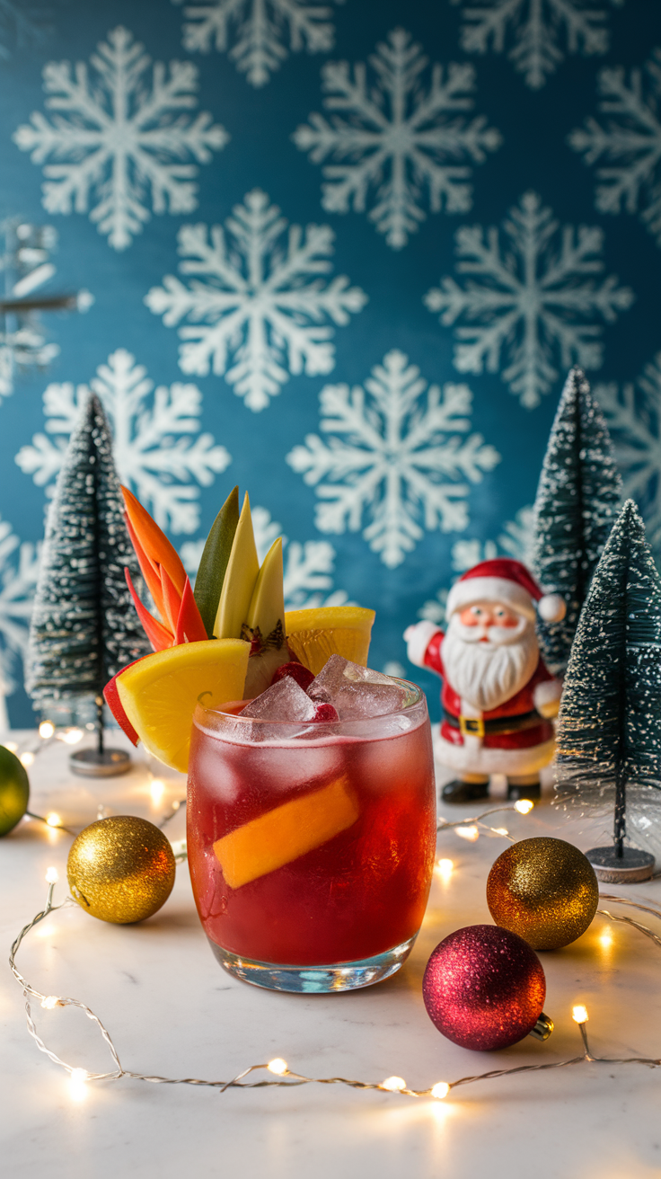 A tropical rum punch served in a glass with fruits and festive decorations.